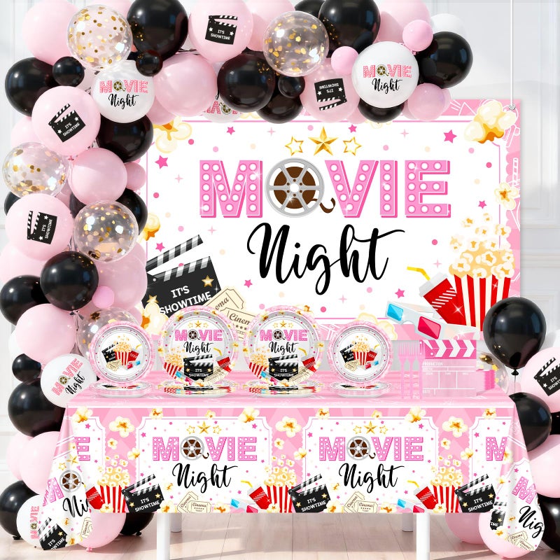 Lecheme Pink Movie Night Party Decorations Kit: Movie Banner Cute Popcorn Film Plates Napkins Tablecloth Balloons All-in-1 Movie Night Party Supplies for Girl Birthday Serve 24 - Image 1