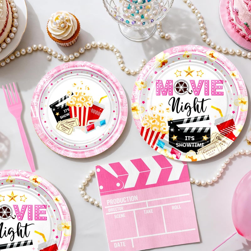 Lecheme Pink Movie Night Party Decorations Kit: Movie Banner Cute Popcorn Film Plates Napkins Tablecloth Balloons All-in-1 Movie Night Party Supplies for Girl Birthday Serve 24 - Image 4