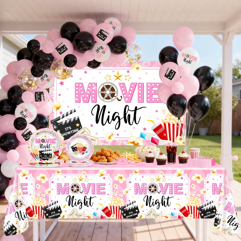Lecheme Pink Movie Night Party Decorations Kit: Movie Banner Cute Popcorn Film Plates Napkins Tablecloth Balloons All-in-1 Movie Night Party Supplies for Girl Birthday Serve 24 - Image 2