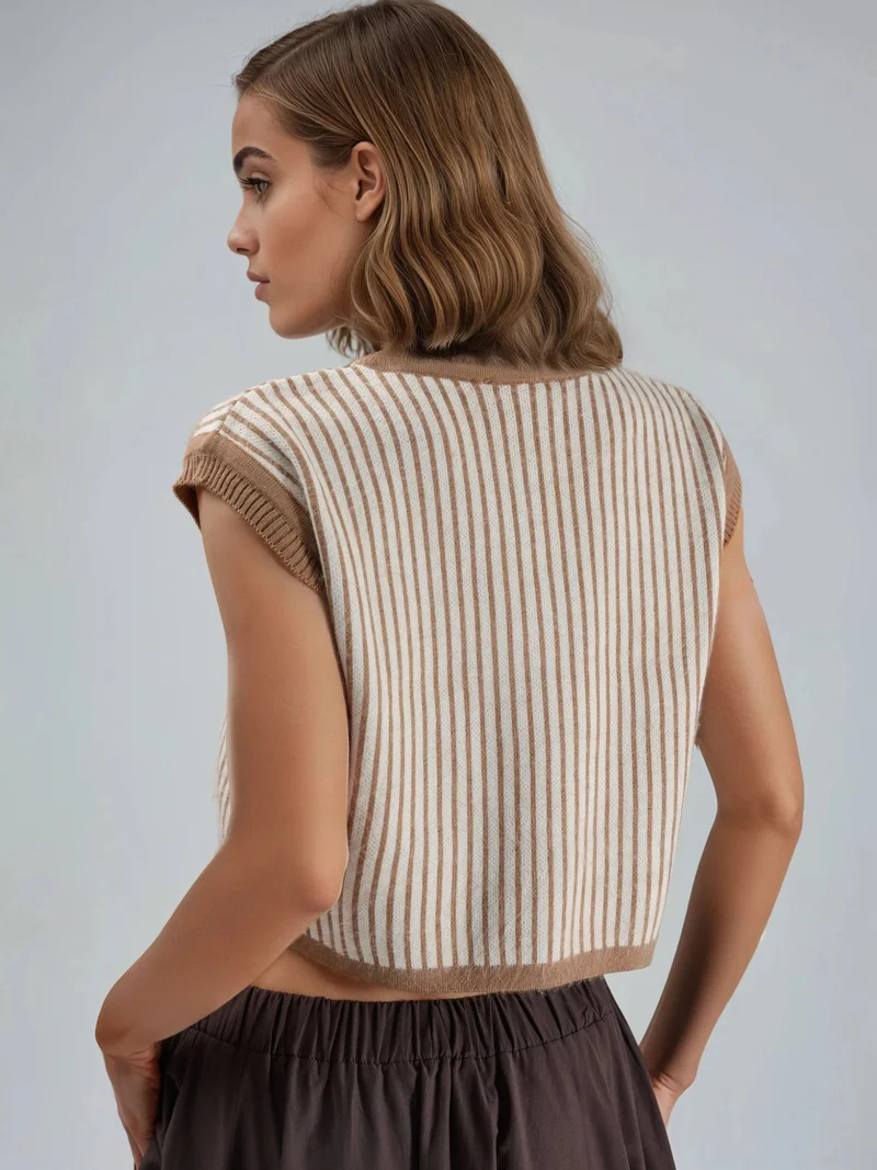My Fashion Camel Brown MY FASHION Striped Ribbed Knit Crop Top with Button Closure for Women | Best Price UAE