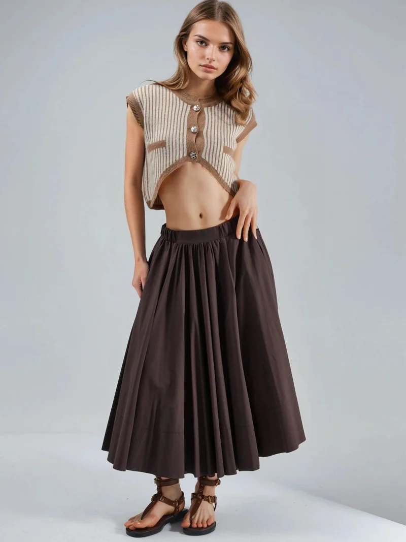 My Fashion Camel Brown MY FASHION Striped Ribbed Knit Crop Top with Button Closure for Women | Best Price UAE