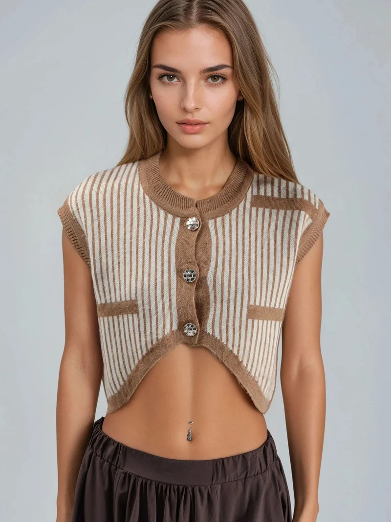 My Fashion Camel Brown MY FASHION Striped Ribbed Knit Crop Top with Button Closure for Women | Best Price UAE