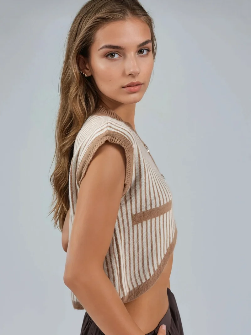My Fashion Camel Brown MY FASHION Striped Ribbed Knit Crop Top with Button Closure for Women | Best Price UAE