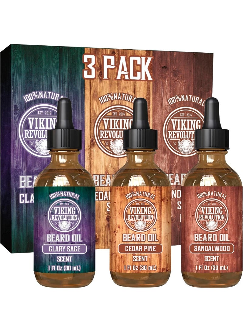 Viking Revolution Beard Oil for Men 3 Pack - Natural Mens Beard Oil Variety Set - Sandalwood, Pine and Cedar, Clary Sage Scents - Beard Conditioning and Moisturizing for a Healthy Beard - 3 x 30 ml