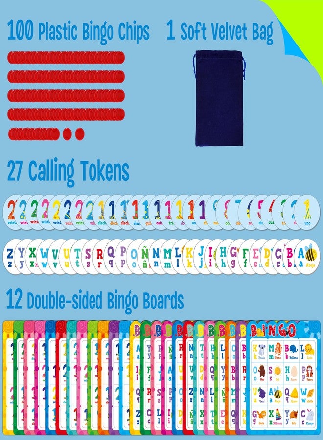 SpriteGru Spanish Bingo Game, 12 Bingo Board Spanish Letters, Numbers & Words Vocabulary Game, Early Educational Toys for Learning - Ages 4 and up, Perfect for Classroom & at Home (Up to 12 Players) - Image 2