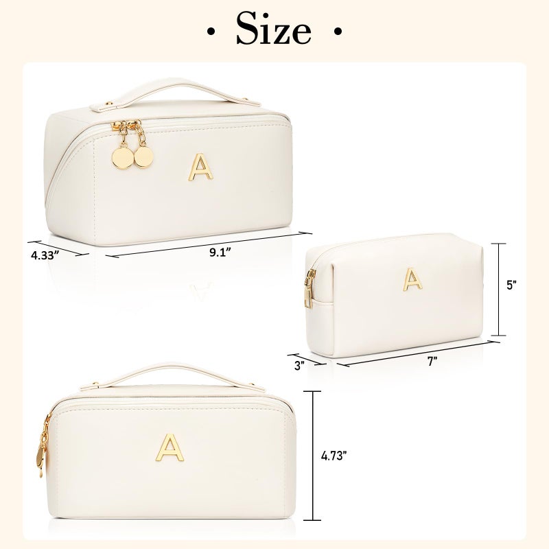 CLOUDWINGS Birthday Gifts for Women Teen Girl, Personalized Initial Makeup Organizer Bag Set, Open Flat Travel Cosmetic Bag With Clear Divider and Handle(Beige,A) - Image 5