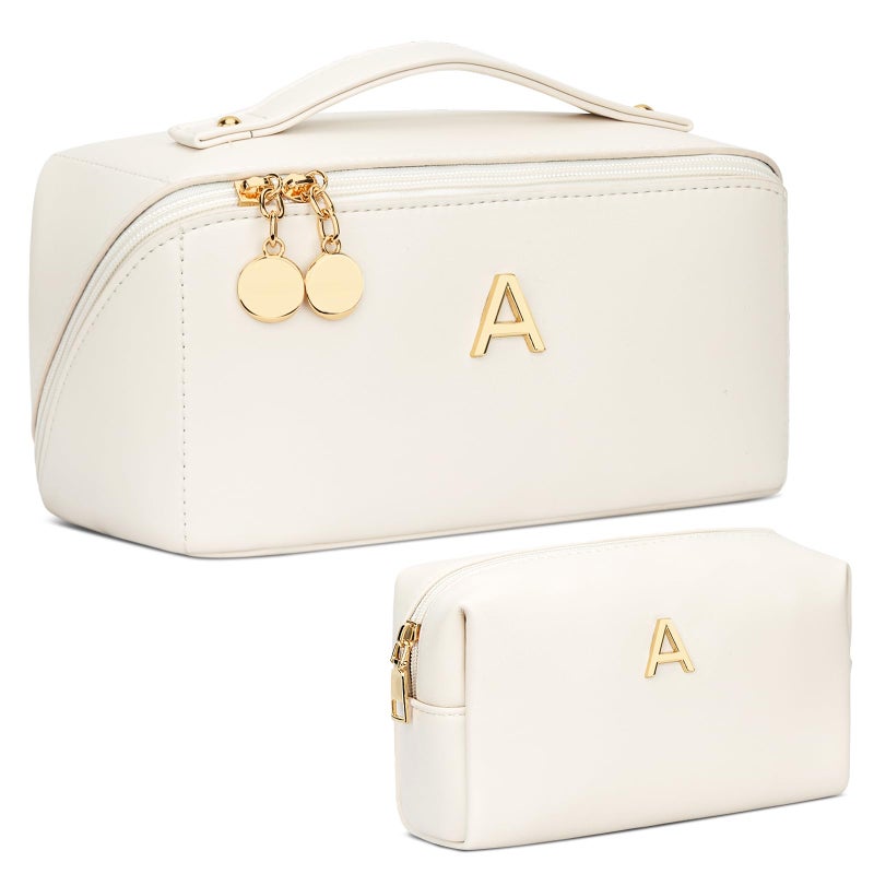 CLOUDWINGS Birthday Gifts for Women Teen Girl, Personalized Initial Makeup Organizer Bag Set, Open Flat Travel Cosmetic Bag With Clear Divider and Handle(Beige,A) - Image 1