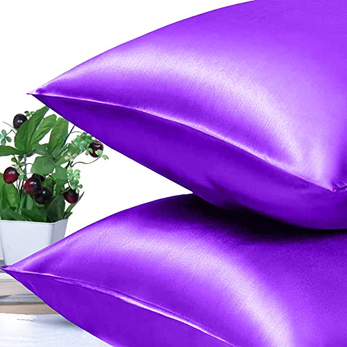 Riara Satin Silk Pillowcase Solid Pillow Case Covers With Envelop Closure For Hair And Skin Home Bed Decor Set Of 2 Pillowcase Free 3 Pc Scrunchie (Queen Size (20"X30"), Prism Violet), 400 TC - Image 4