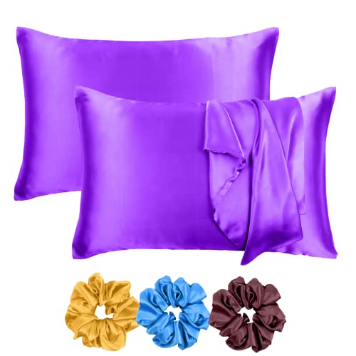 Riara Satin Silk Pillowcase Solid Pillow Case Covers With Envelop Closure For Hair And Skin Home Bed Decor Set Of 2 Pillowcase Free 3 Pc Scrunchie (Queen Size (20"X30"), Prism Violet), 400 TC - Image 1