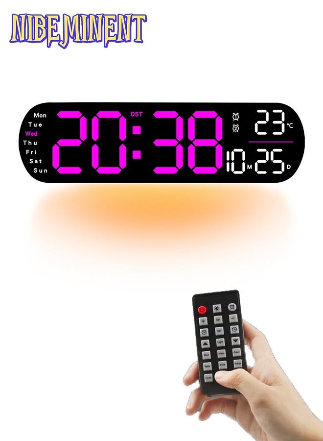 NIBEMINENT LED Digital Clock, Digital Wall Clock with Remote Control, RGB Atmosphere Lights with 8 Adjustable Night Light Colors, Dual Alarms, Temperature for Room （Deep Pink） - Image 1