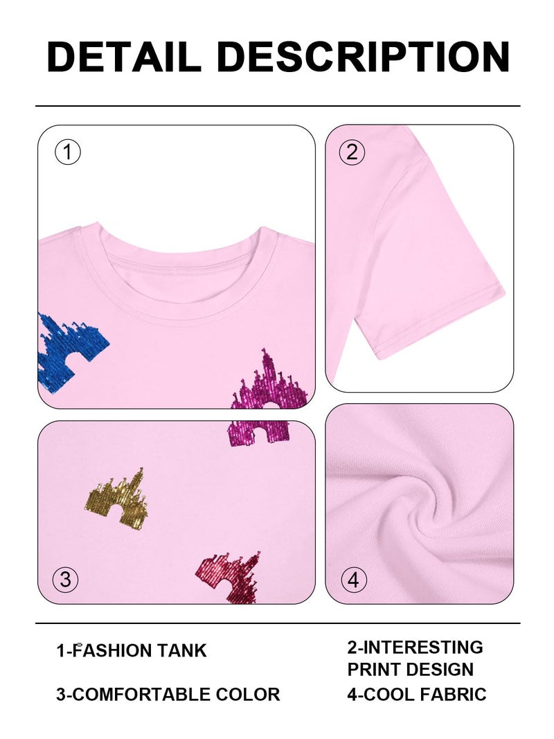 UNIQUEONE Magic Kingdom Shirts for Women Sequin Top Colorful Castle Graphic Tshirt Holiday Vacation Shirt Funny Cute Tee Tops - Image 5