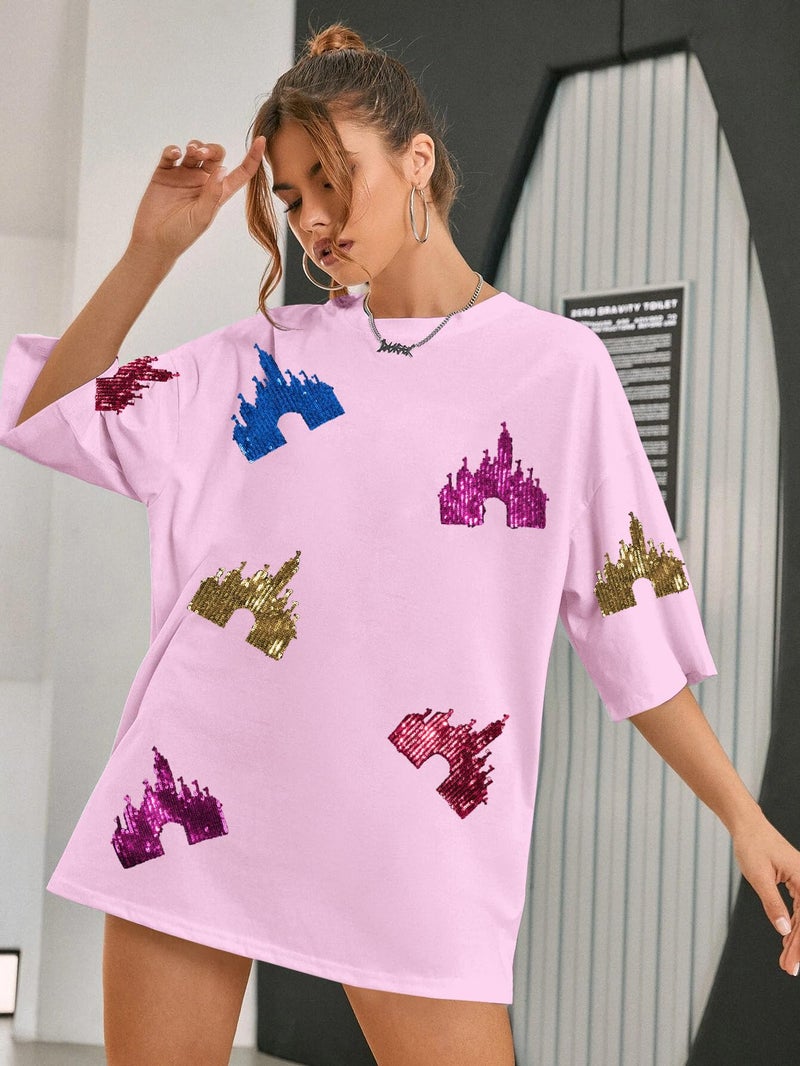 UNIQUEONE Magic Kingdom Shirts for Women Sequin Top Colorful Castle Graphic Tshirt Holiday Vacation Shirt Funny Cute Tee Tops - Image 2