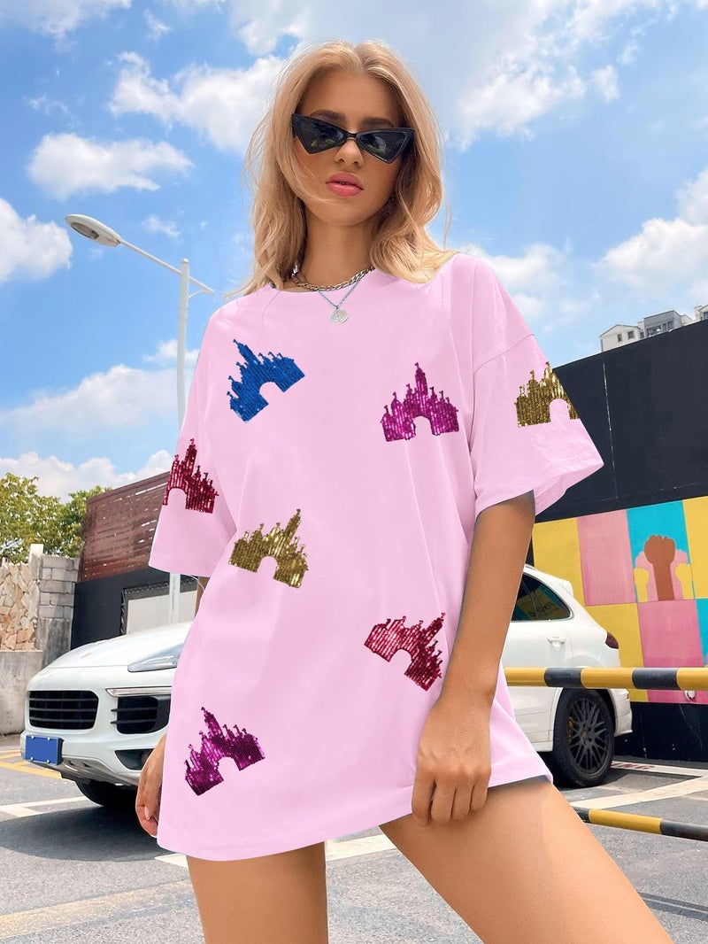UNIQUEONE Magic Kingdom Shirts for Women Sequin Top Colorful Castle Graphic Tshirt Holiday Vacation Shirt Funny Cute Tee Tops - Image 3