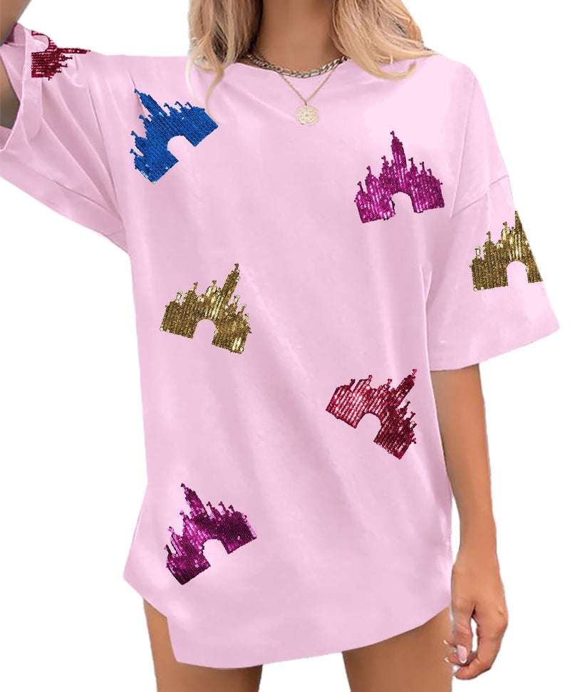 UNIQUEONE Magic Kingdom Shirts for Women Sequin Top Colorful Castle Graphic Tshirt Holiday Vacation Shirt Funny Cute Tee Tops - Image 1