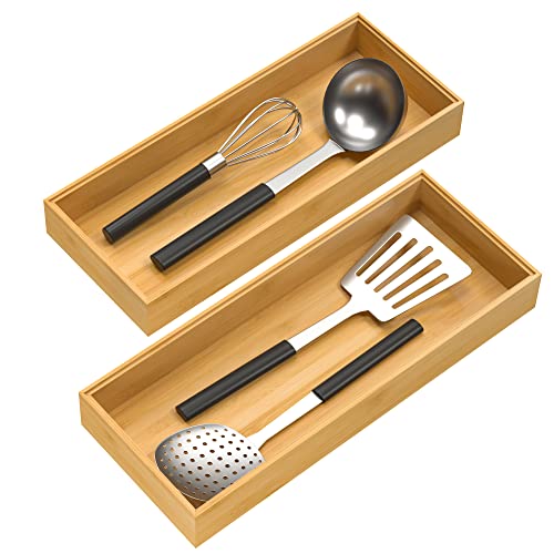 VeyFey Bamboo Drawer Organizer, Stackable Utensil Organizer for Kitchen, Bamboo Storage Box Wood Silverware Tray for Drawer 15" x 6" x 2" Set of 2 - Image 1