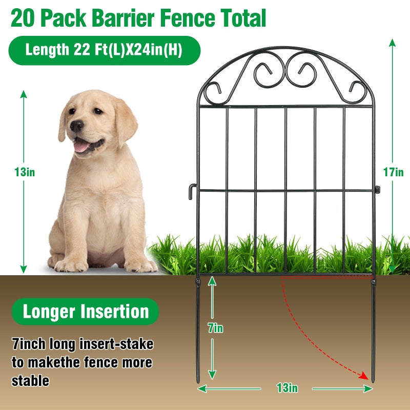 ADAVIN 20 Panels Collapsible Garden Fence Animal Barrier, 20 Ft(L) x 24 in(H) Black Rustproof Metal Wire Panel Border for Dogs Rabbits, Flower Edging for Landscape Patio Yard Outdoor Decor, Arched - Image 2