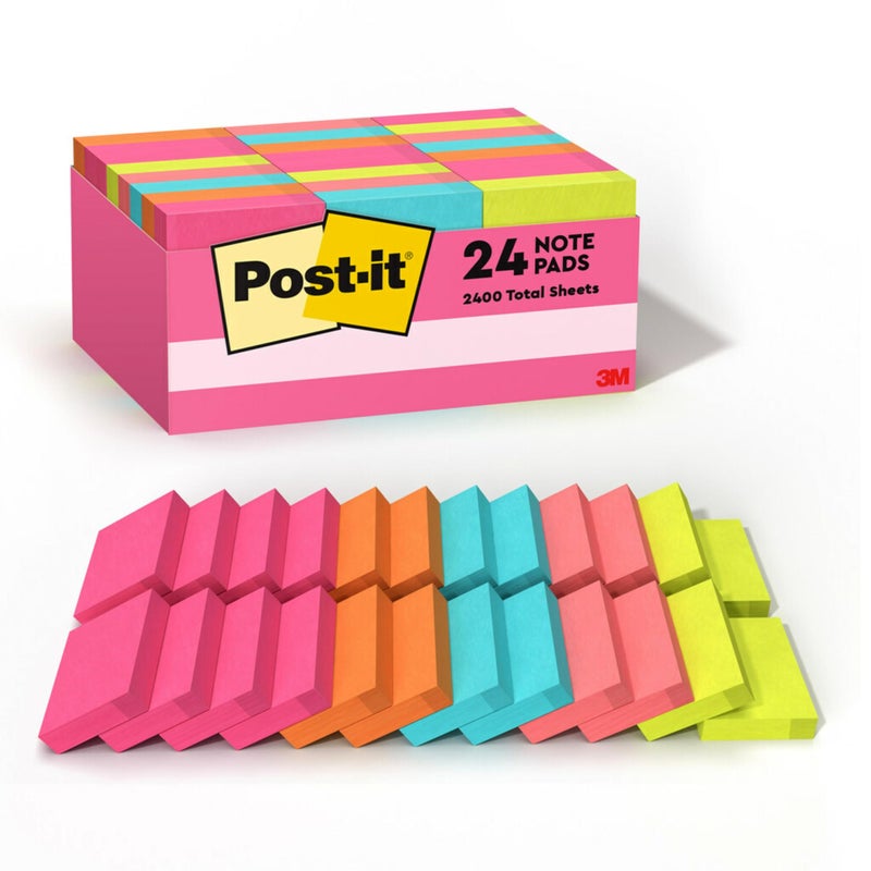 Post It ملاحظات بوست-إت الصغيرة، 1 3/8 × 1 7/8 بوصة، 24 دفتر، الملاحظات اللاصقة المفضلة رقم 1 في أمريكا، ملاحظات بوست-إت المتفائلة، ملاحظات بوست-إت، الوردي القوي، الأزرق المائي، البرتقالي الحيوي، الأخضر النيون، الوردي الجوافة - Image 1