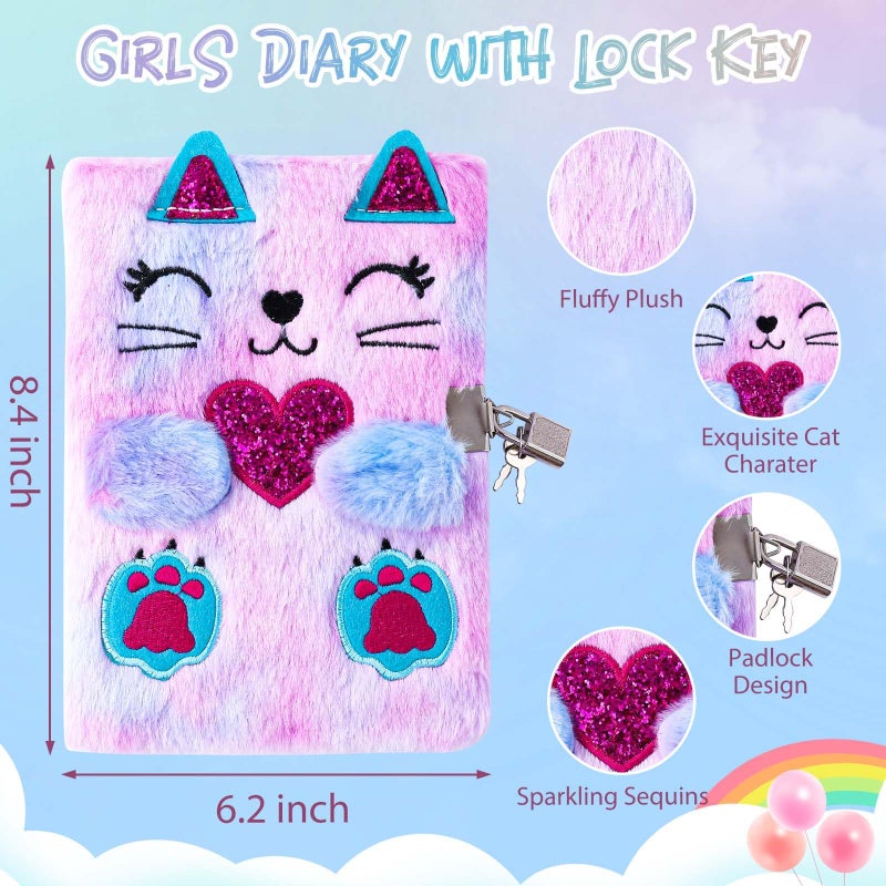 DHQH Cat Diary with Lock Gift for 6 7 8 9 10 11 12 Year Old Girl,Secret Journal Notebook Diary for Kids Christmas Gift Set - Image 2