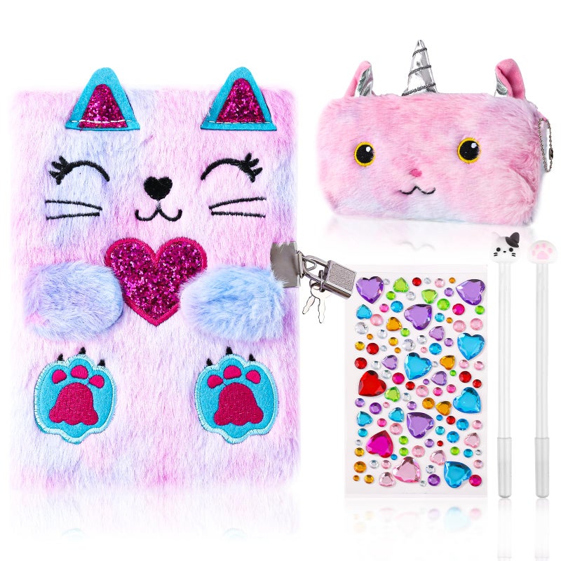 DHQH Cat Diary with Lock Gift for 6 7 8 9 10 11 12 Year Old Girl,Secret Journal Notebook Diary for Kids Christmas Gift Set - Image 1