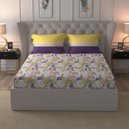 MYTRIDENT Bedsheet for Double Bed, Dusk and Dawn Collection, 1 Queen Size Bedsheet with 2 Pillow Covers, 144TC, 100% Cotton Bedsheet - Firefly Purple - Image 1