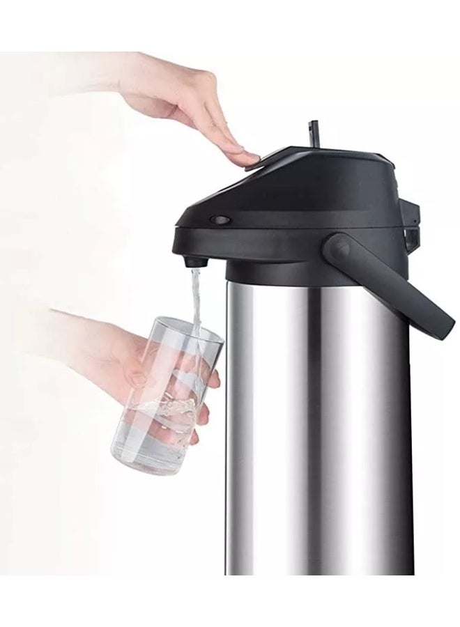 2.5L Insulated Stainless Steel Airpot Thermal Coffee Carafe with Lever Pump - Double Walled Beverage Dispenser & Thermos Urn for Hot/Cold Water, Tea & Karak, For Parties, Office & Family Gatherings, Silver/Black - Image 2