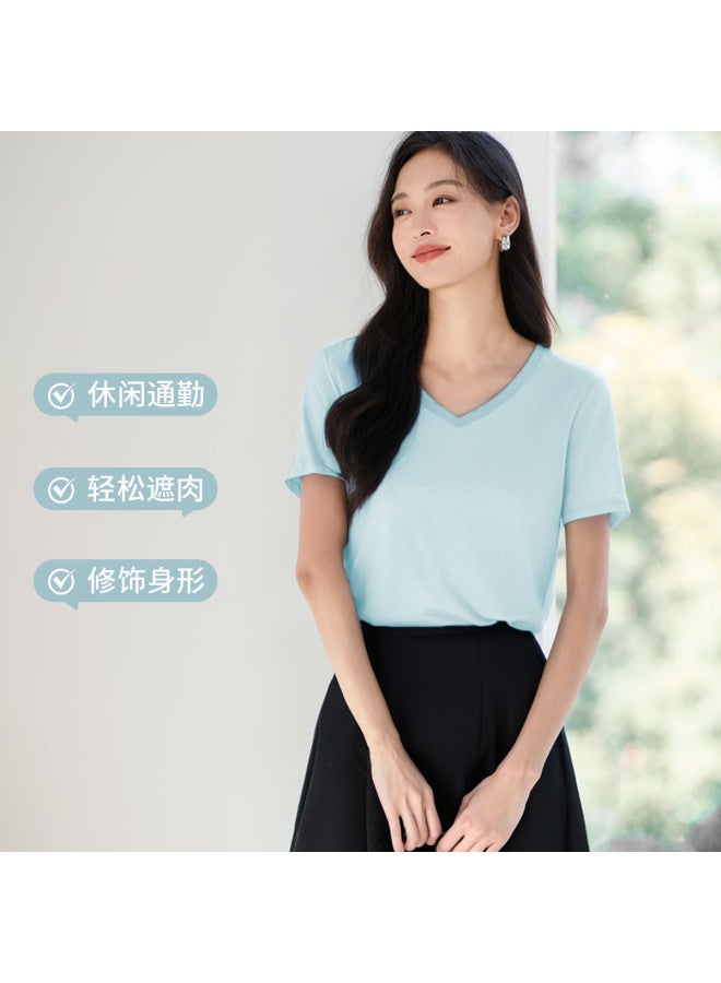 Hstyle Cool & Minimalist V-neck Short Sleeve T-shirt For Women - 2025 Summer Breathable Slim-fit Basic Top - Image 4