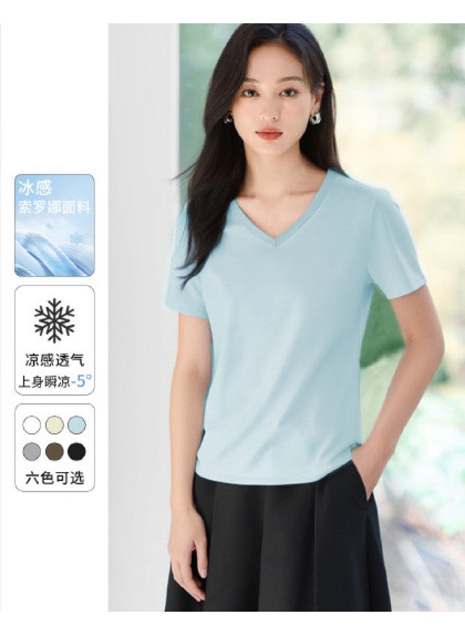 Hstyle Cool & Minimalist V-neck Short Sleeve T-shirt For Women - 2025 Summer Breathable Slim-fit Basic Top - Image 1