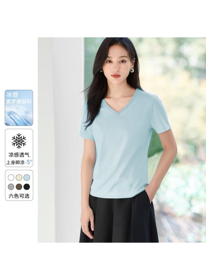 Hstyle Cool & Minimalist V-neck Short Sleeve T-shirt For Women - 2025 Summer Breathable Slim-fit Basic Top - Image 2