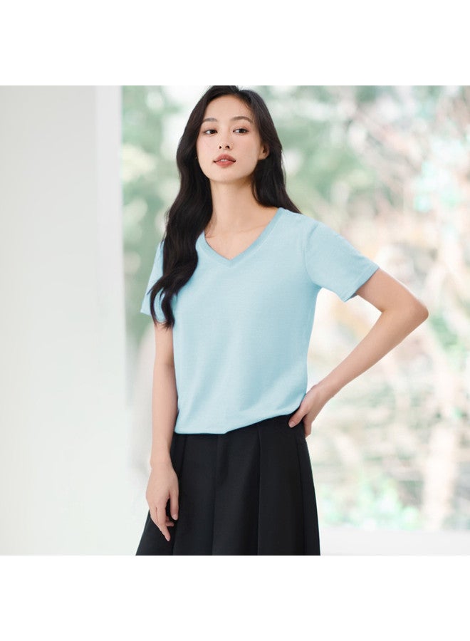 Hstyle Cool & Minimalist V-neck Short Sleeve T-shirt For Women - 2025 Summer Breathable Slim-fit Basic Top - Image 5