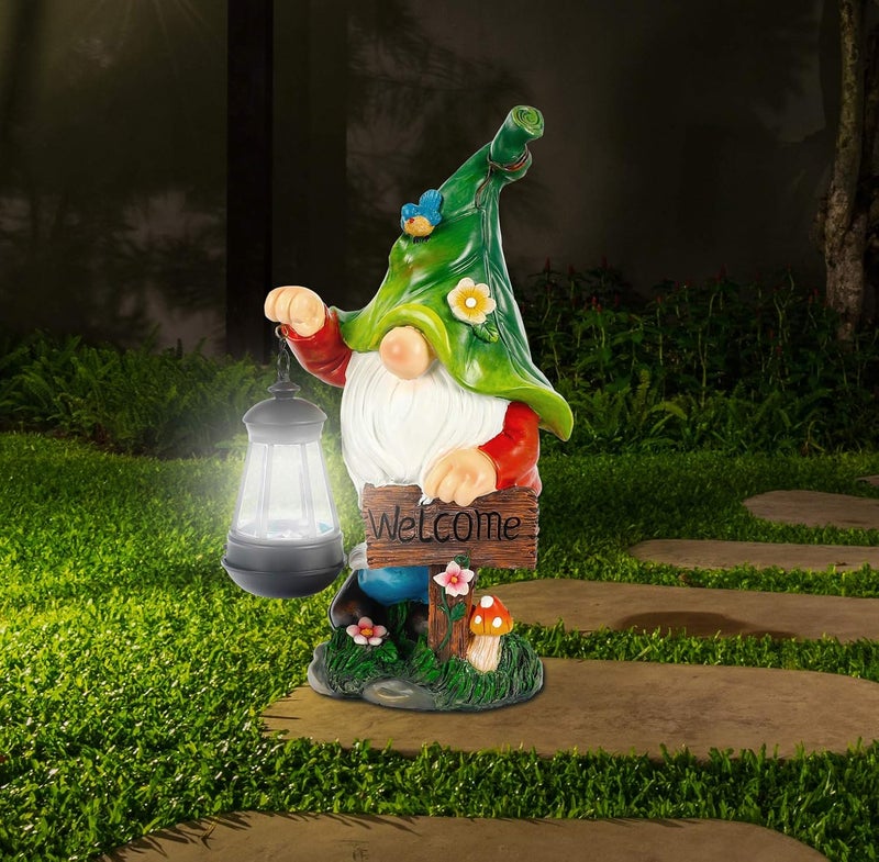 WOGOON Garden Gnome Statue, Resin Figurine with Bright Solar Lantern Lights and Welcome Sign, Outdoor Solar Illumination Decorations for Indoor Patio Lawn Garden Room,Birthday Housewarming Gift - Image 1