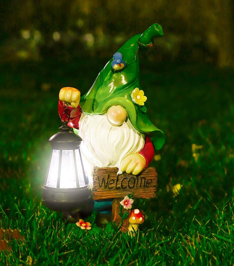 WOGOON Garden Gnome Statue, Resin Figurine with Bright Solar Lantern Lights and Welcome Sign, Outdoor Solar Illumination Decorations for Indoor Patio Lawn Garden Room,Birthday Housewarming Gift - Image 2