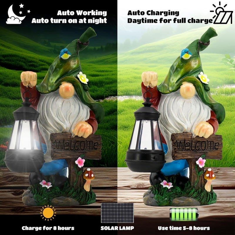 WOGOON Garden Gnome Statue, Resin Figurine with Bright Solar Lantern Lights and Welcome Sign, Outdoor Solar Illumination Decorations for Indoor Patio Lawn Garden Room,Birthday Housewarming Gift - Image 4