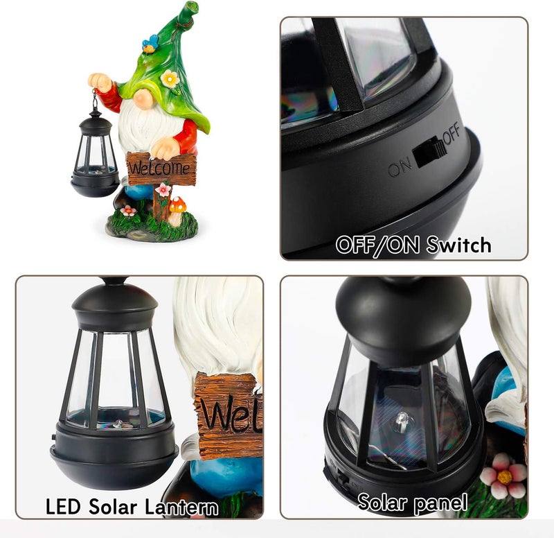 WOGOON Garden Gnome Statue, Resin Figurine with Bright Solar Lantern Lights and Welcome Sign, Outdoor Solar Illumination Decorations for Indoor Patio Lawn Garden Room,Birthday Housewarming Gift - Image 3