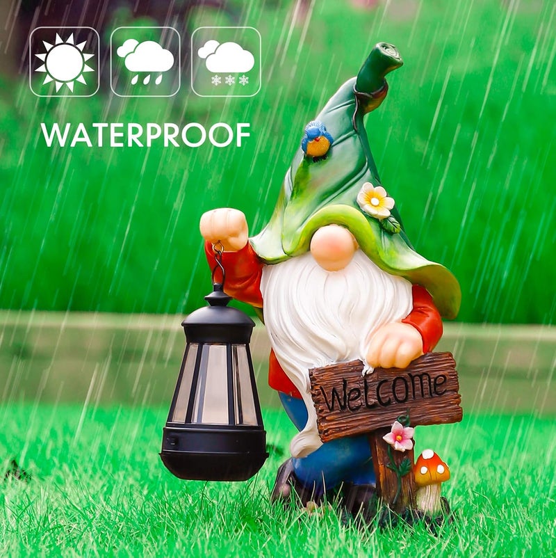 WOGOON Garden Gnome Statue, Resin Figurine with Bright Solar Lantern Lights and Welcome Sign, Outdoor Solar Illumination Decorations for Indoor Patio Lawn Garden Room,Birthday Housewarming Gift - Image 5