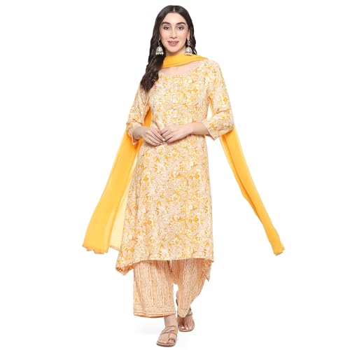 BIBA Women Printed Rayon Straight Salwar Kurta With Dupatta-(Skd9677_Yellow_32) - Image 1