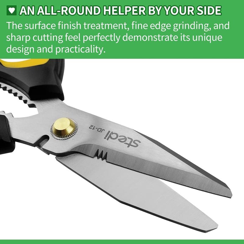 Stedi Scissors Heavy Duty 8-Inch,Multipurpose Scissors,Sharp Stainless Steel Shears with Serrated Edge & Protective Cover,Non-Slip Handle,Easy Cutting Cardboard, Carpet,Leather, Fabric, Wires, Yellow - Image 3