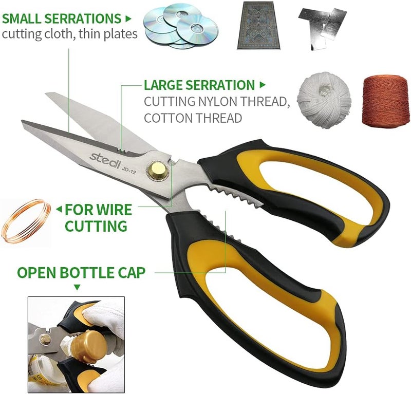 Stedi Scissors Heavy Duty 8-Inch,Multipurpose Scissors,Sharp Stainless Steel Shears with Serrated Edge & Protective Cover,Non-Slip Handle,Easy Cutting Cardboard, Carpet,Leather, Fabric, Wires, Yellow - Image 2
