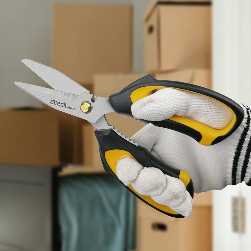 Stedi Scissors Heavy Duty 8-Inch,Multipurpose Scissors,Sharp Stainless Steel Shears with Serrated Edge & Protective Cover,Non-Slip Handle,Easy Cutting Cardboard, Carpet,Leather, Fabric, Wires, Yellow - Image 4
