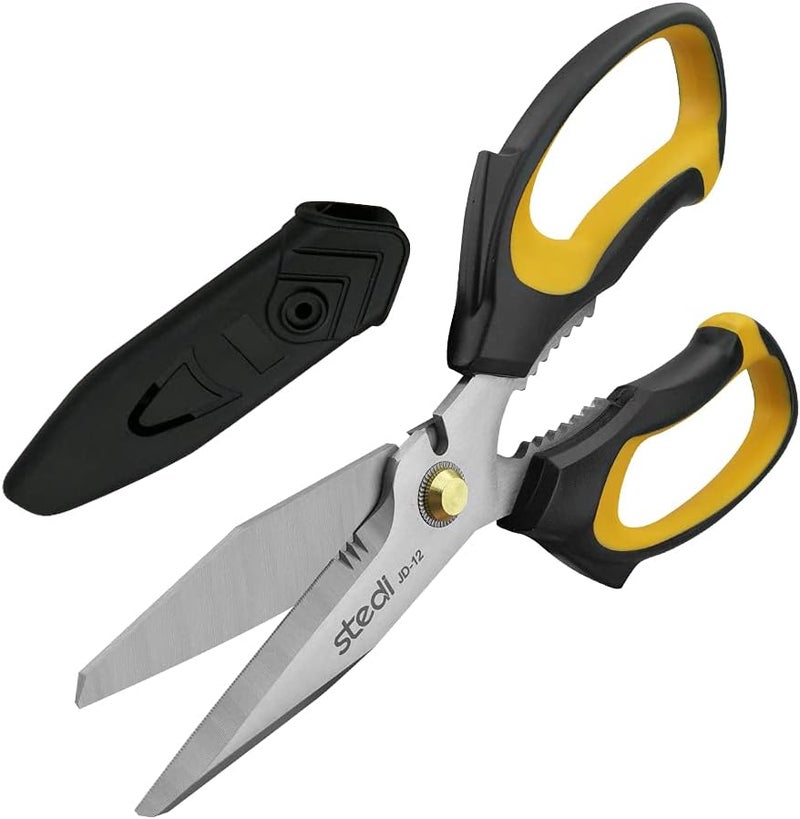 Stedi Scissors Heavy Duty 8-Inch,Multipurpose Scissors,Sharp Stainless Steel Shears with Serrated Edge & Protective Cover,Non-Slip Handle,Easy Cutting Cardboard, Carpet,Leather, Fabric, Wires, Yellow - Image 1
