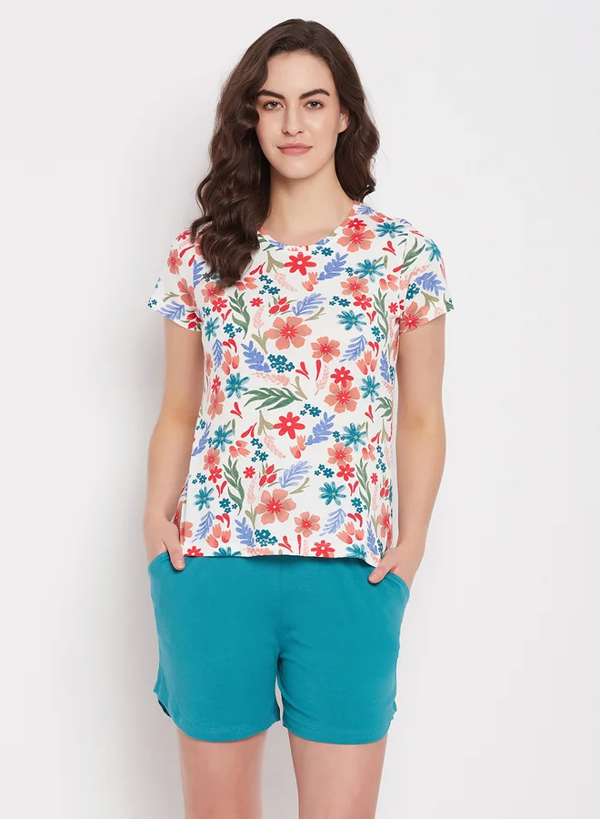 Clovia Clovia Floral Print Short Sleeve Top and Solid Shorts Set