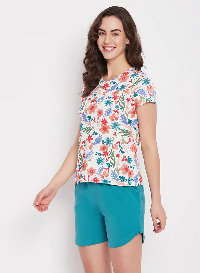 Clovia Clovia Floral Print Short Sleeve Top and Solid Shorts Set