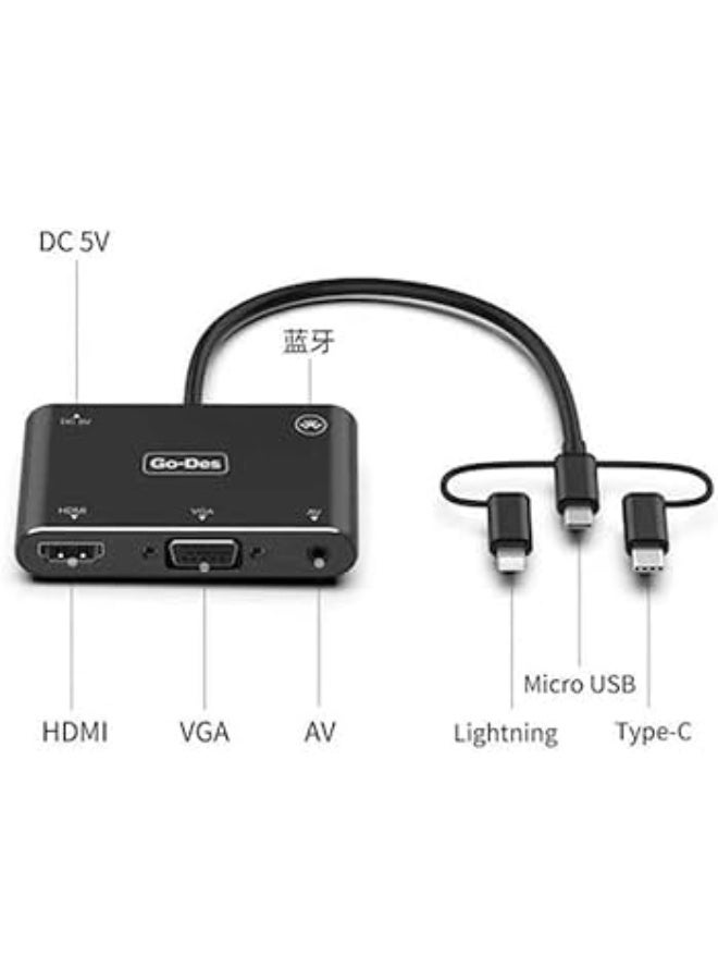 GO-DES 5-in-1 Mobile HD Screen Player USB-C Lightning Micro USB to HDTV VGA AV Adapter with Wireless Bluetooth Connection and 2K Ultra HD Output - Image 2