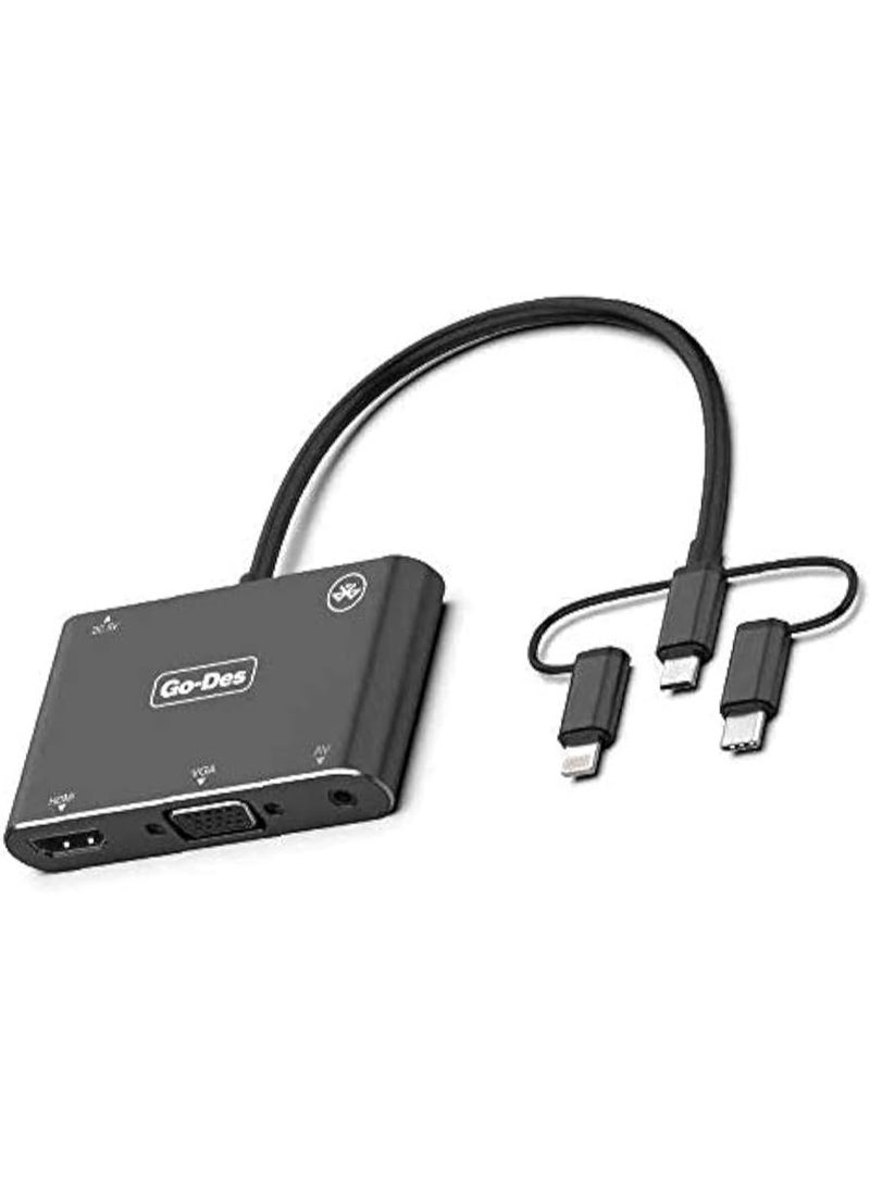 GO-DES 5-in-1 Mobile HD Screen Player USB-C Lightning Micro USB to HDTV VGA AV Adapter with Wireless Bluetooth Connection and 2K Ultra HD Output - Image 4