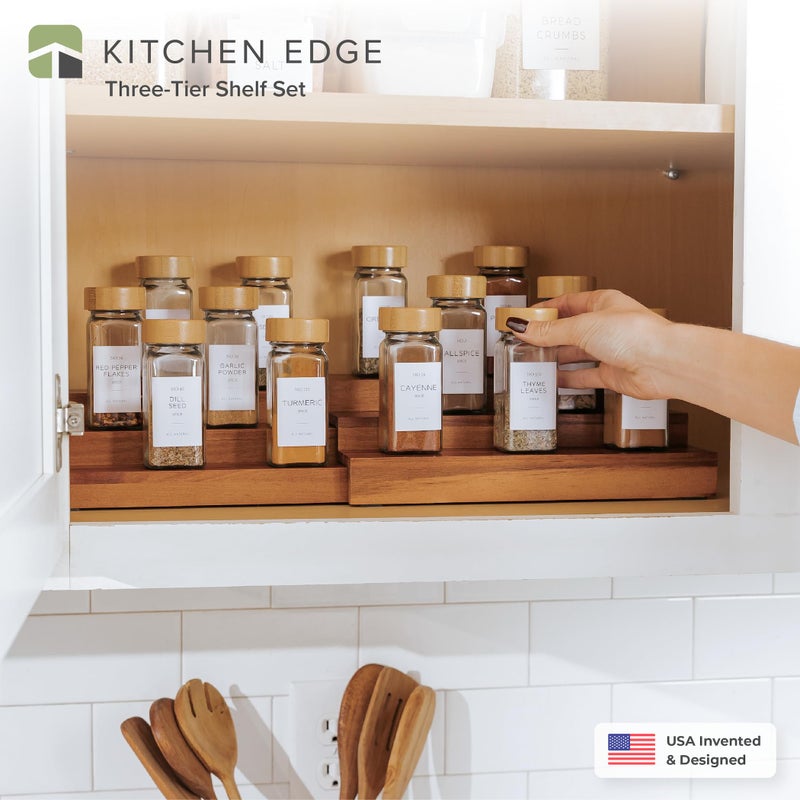 KitchenEdge Expandable Spice Rack Organizer for Cabinet, 3-Tier Shelf for Spice Organization (11â€ to 22â€), Fits 36 Spice Jars, Seasoning and Pantry Storage, Non-Slip Feet, 100% Acacia Wood - Image 2