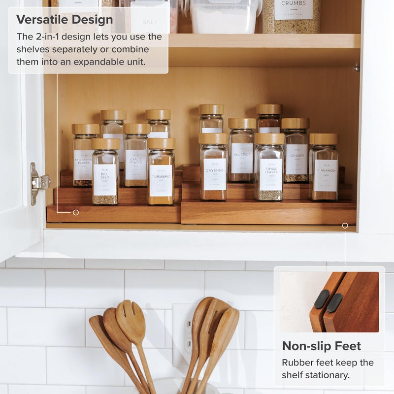 KitchenEdge Expandable Spice Rack Organizer for Cabinet, 3-Tier Shelf for Spice Organization (11â€ to 22â€), Fits 36 Spice Jars, Seasoning and Pantry Storage, Non-Slip Feet, 100% Acacia Wood - Image 5