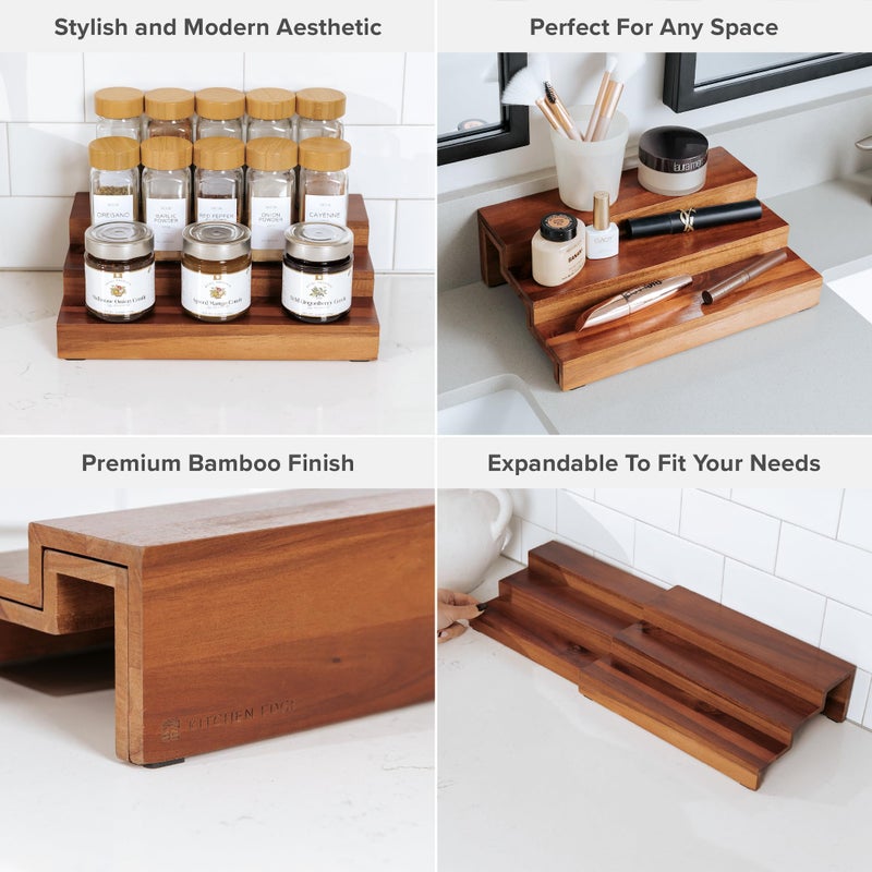 KitchenEdge Expandable Spice Rack Organizer for Cabinet, 3-Tier Shelf for Spice Organization (11â€ to 22â€), Fits 36 Spice Jars, Seasoning and Pantry Storage, Non-Slip Feet, 100% Acacia Wood - Image 3