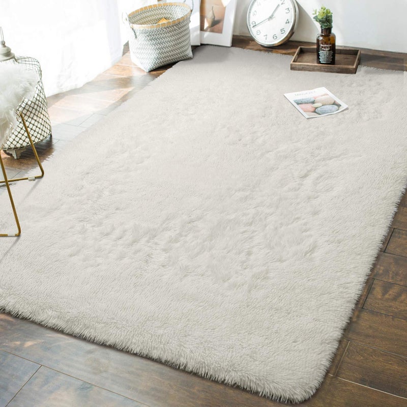 Andecor Soft Fluffy Bedroom Rugs 6 x 9 Feet Indoor Shaggy Plush Area Rug for Boys Girls Kids Baby College Dorm Living Room Home Decor Floor Carpet Cream White