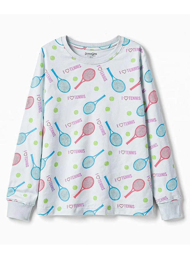 Primo Gino Primo Gino 100% Cotton Knit Full Sleeves Tennis Printed Pajama Set - White