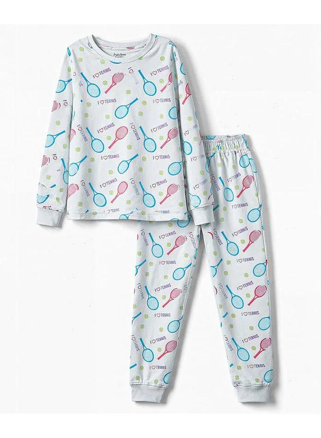 Primo Gino Primo Gino 100% Cotton Knit Full Sleeves Tennis Printed Pajama Set - White