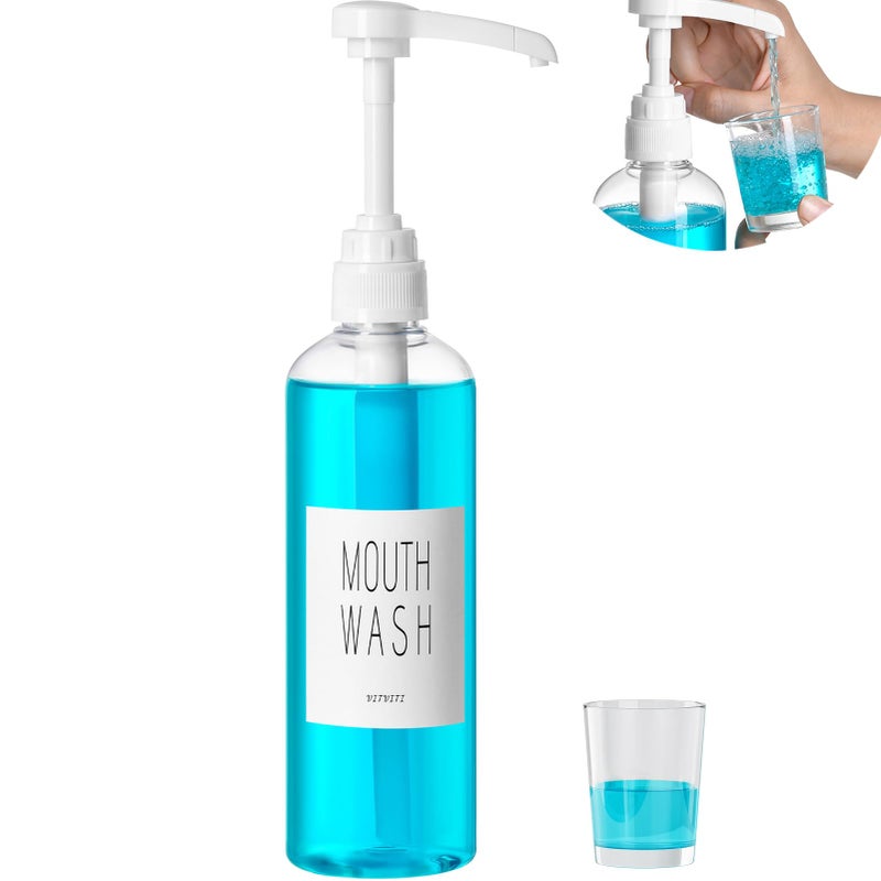 VITVITI Plastic Mouthwash Dispenser for Bathroom 17 OZ Pump Mouth Wash Container Bottle with Cup Clear Refillable Mouthwash Dispenser with Labels - Image 3